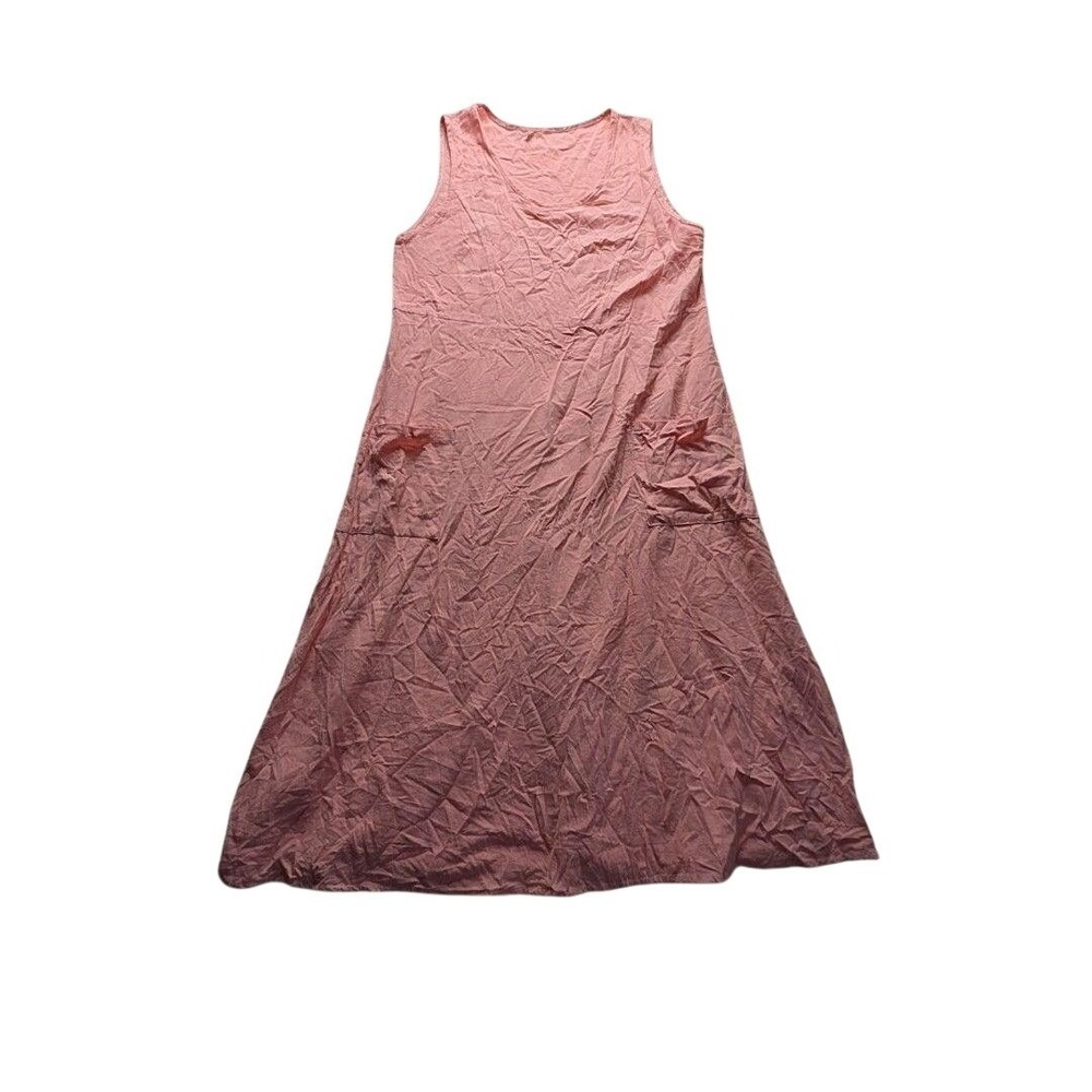 Dress Womens Large Pink Solid Sleeveless Round Neck Swing Midi Pockets Bow